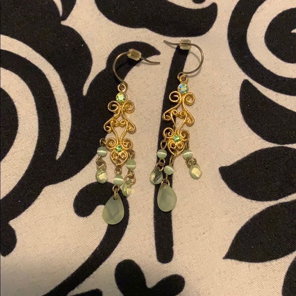 NWT! Gold and green jewel fish hook earrings.